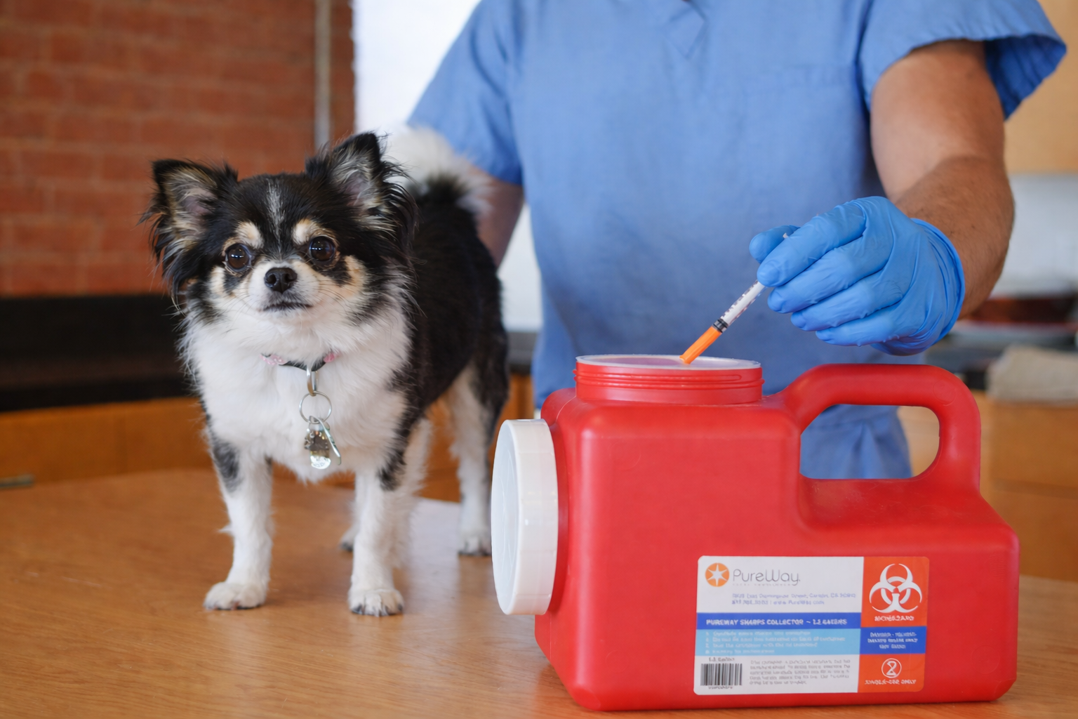 Chihuahua with sharps container on counter